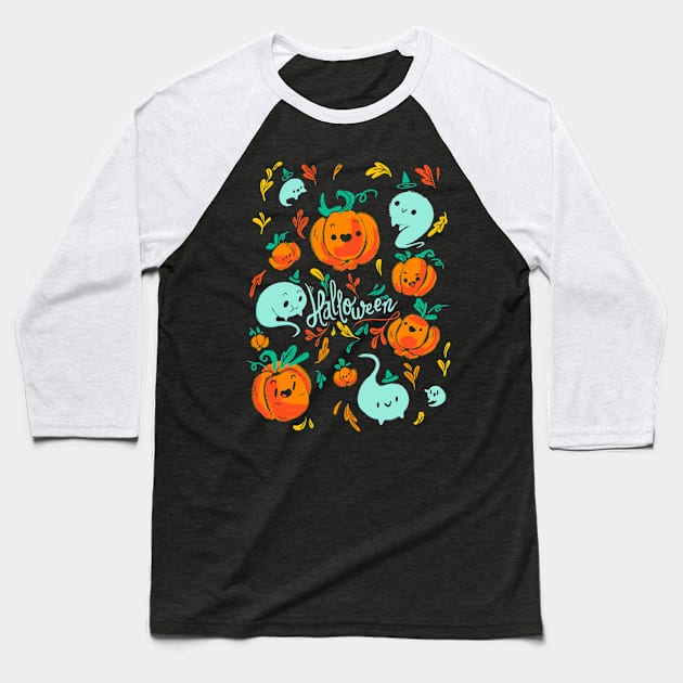 Pumpkins and Ghosts - Halloween Design Baseball T-Shirt by TheTeenosaur